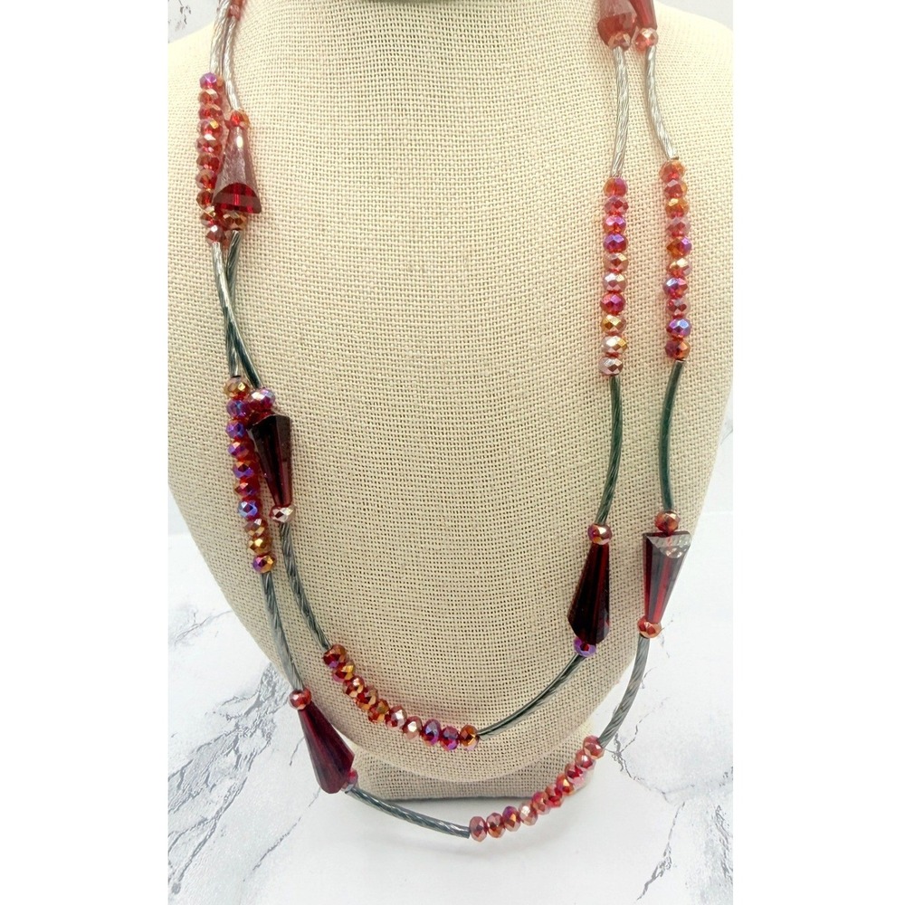 35" Long Red Iridescent Glass‎ Bead Station Necklace Gunmetal Silver Tone